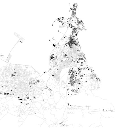 Satellite map of Djibouti City, is the eponymous capital and largest city of Djibouti. It is located in the coastal Djibouti Region on the Gulf of Tadjoura. Map of streets and buildings of the town center. Africaのイラスト素材