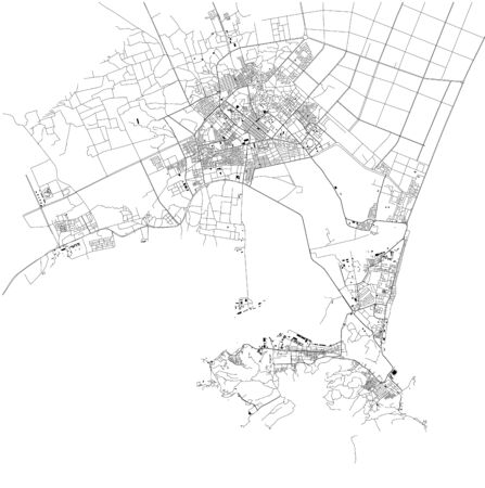 Satellite map of Aden, it is a city of Yemen, Aden's natural harbor is in the crater of a dormant volcano. Map of streets and buildings of the town centerのイラスト素材