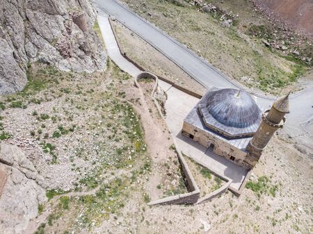 Aerial view of Eski Bayezid Cami, mosque located near Ishak Pasha Palace, Dogubayazit district. Turkey, Asia. The castle and mosque of Old Beyazitの写真素材