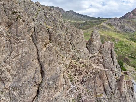 Aerial view of the ruins of the Dogubayazit castle, built on the mountain near Eski Bayez? D Cami and the Ishak Pasha Palace. Eastern Turkeyの写真素材