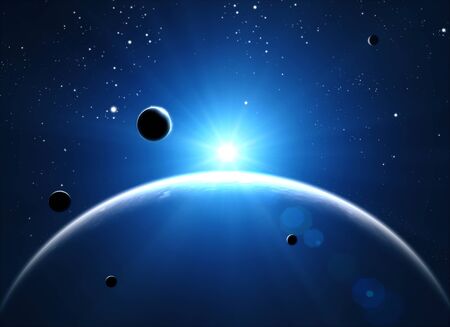Exploration of new worlds, space and universe, new galaxies. Planets in backlight. Solar system. Probe, Voyagerの写真素材