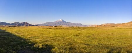 Aerial view of Mount Ararat, Agri Dagi. The highest mountain in Turkey on the border between the region of Agri and Igdir. The resting place of Noah's Ark. The Araratian plain near the city of Dogubayazitの写真素材