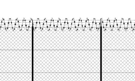 Barbed wire and fence, front view of a wire mesh, black and white. White background and drawing in black. Protection, private place, no access. Protected areaの写真素材