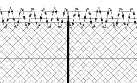 Barbed wire and fence, front view of a wire mesh, black and white. White background and drawing in black. Protection, private place, no access. Protected areaの写真素材