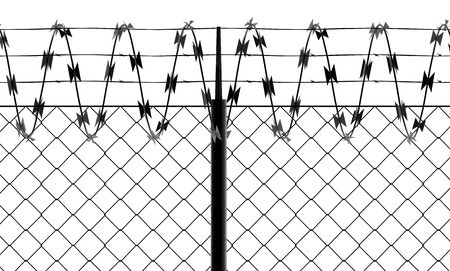 Barbed wire and fence, front view of a wire mesh, black and white. White background and drawing in black. Protection, private place, no access. Protected areaの写真素材