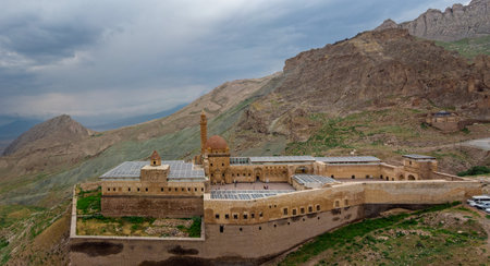 Aerial view of Ishak Pasha Palace is a semi-ruined palace and administrative complex located in the Dogubeyazit, Agri province of eastern Turkey. Ottoman, Persian, and Armenian architectural styleのeditorial素材
