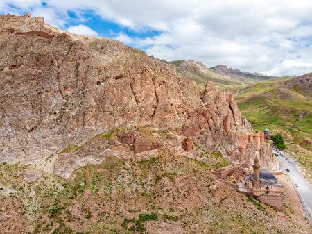 Aerial view of Eski Bayezid Cami, mosque located near Ishak Pasha Palace, Dogubayazit district. Turkey, Asia. The castle and mosque of Old Beyazit