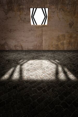 Prison cell. Escape from a penitentiary window. 3d render. Brick floor and concrete wall. Window bars. Detainees and surveillance. Alarm detainees on the run. Fugitiveの写真素材
