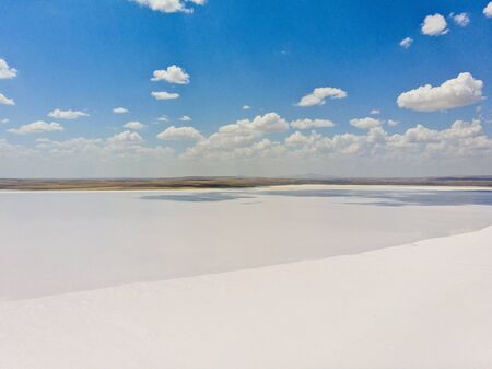 Aerial view of Lake Tuz, Tuz Golu. Salt Lake. White salt water. It is the second largest lake in the world and one of the largest hypersaline lakes in the world. It is located in the Central Anatolia Region, Ankara, Aksaray, Konyaの写真素材
