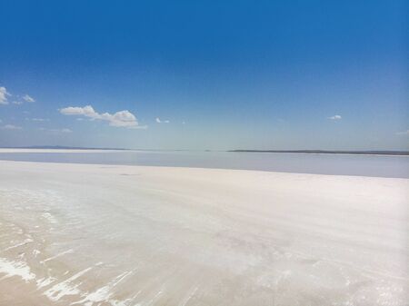 Aerial view of Lake Tuz, Tuz Golu. Salt Lake. White salt water. It is the second largest lake in the world and one of the largest hypersaline lakes in the world. It is located in the Central Anatolia Region, Ankara, Aksaray, Konyaの写真素材