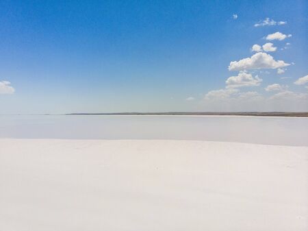 Aerial view of Lake Tuz, Tuz Golu. Salt Lake. White salt water. It is the second largest lake in the world and one of the largest hypersaline lakes in the world. It is located in the Central Anatolia Region, Ankara, Aksaray, Konyaの写真素材