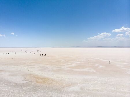 Aerial view of Lake Tuz, Tuz Golu. Salt Lake. White salt water. It is the second largest lake in the world and one of the largest hypersaline lakes in the world. It is located in the Central Anatolia Region, Ankara, Aksaray, Konya. People standing in the middle of the salt lakeの写真素材