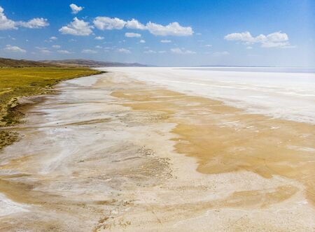 Aerial view of Lake Tuz, Tuz Golu. Salt Lake. White salt water. It is the second largest lake in the world and one of the largest hypersaline lakes in the world. It is located in the Central Anatolia Region, Ankara, Aksaray, Konyaの写真素材