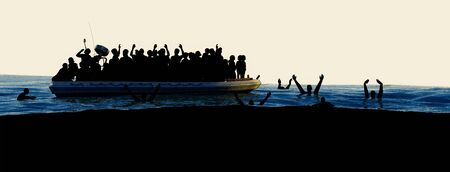 Refugees on a rubber boat in the middle of the sea that require help. Sea with people asking for help. Migrants crossing the seaの写真素材