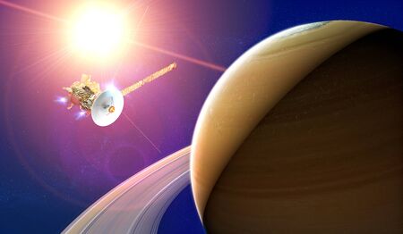 View of the planet Saturn with rings. Cassini probe in exploration around the planet. Solar system. 3d render.の写真素材