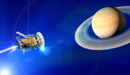 View of the planet Saturn with rings. Cassini probe in exploration around the planet. Solar system....