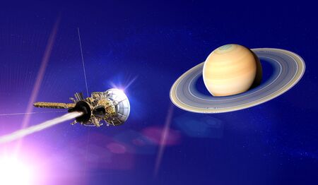 View of the planet Saturn with rings. Cassini probe in exploration around the planet. Solar system. 3d render.の写真素材