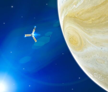 View of Jupiter and Juno, space probe orbiting the planet. It is the largest planet in our solar system. 3d renderの写真素材