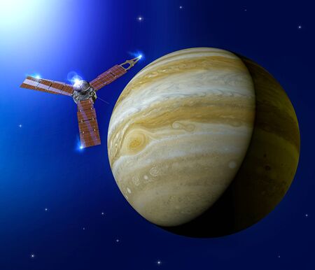 View of Jupiter and Juno, space probe orbiting the planet. It is the largest planet in our solar system. 3d renderの写真素材