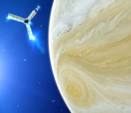 View of Jupiter and Juno, space probe orbiting the planet. It is the largest planet in our solar system. 3d renderの写真素材