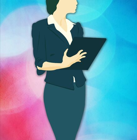 Career woman, manager, business solution, silhouette profile, elegant hostess, presentation and introduction to the world of workの写真素材