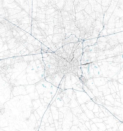 Satellite map of Milan and surrounding areas. Lombardy, Italy. Map roads, ring roads and highways, rivers, railway linesの写真素材