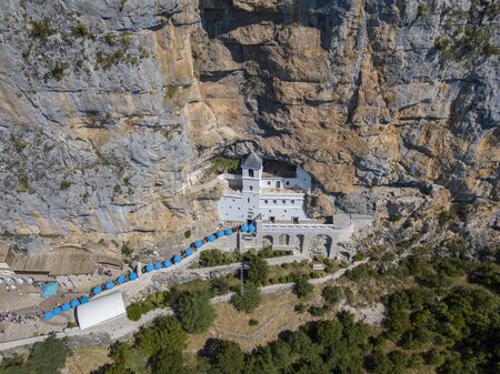 Aerial view of the monastery of Ostrog, Serbian Orthodox Church in Ostro? Ka Greda, Montenegro. Dedicated to Saint Basil of Ostrogの写真素材