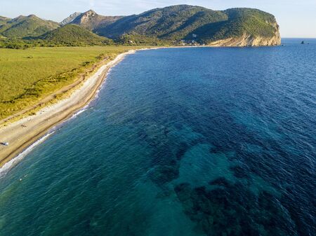 Aerial view of Buljarica beach. The largest in Montenegro, close to Petrovac in the direction of Bar. Budva municipalityの写真素材