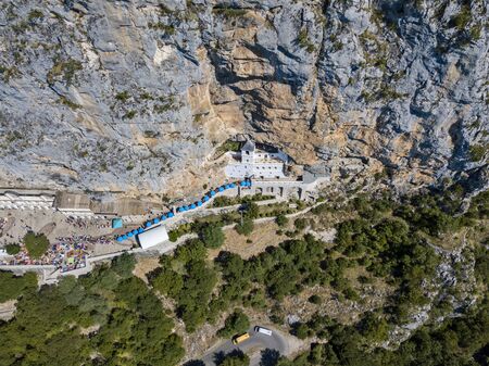 Aerial view of the monastery of Ostrog, Serbian Orthodox Church in Ostro? Ka Greda, Montenegro. Dedicated to Saint Basil of Ostrogの写真素材