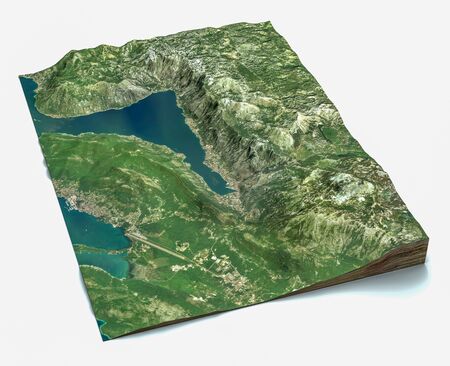 Satellite view of the largest fjord in the Mediterranean. The Bay of Kotor, Boka. It is surrounded by the Dinaric Alps: the Orjen and the Lovcen mountains. 3d render. Section of the fjord. mapの写真素材