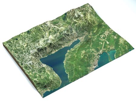 Satellite view of the largest fjord in the Mediterranean. The Bay of Kotor, Boka. It is surrounded by the Dinaric Alps: the Orjen and the Lovcen mountains. 3d render. Section of the fjord. mapの写真素材