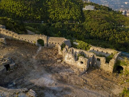 Aerial view of Mogren Fortress, Tvrdava Mogren, it is located on a promontory Mogren between the beaches Mogren and Jaz just a kilometer from the town of Budva. Montenegro. Jagged coastの写真素材