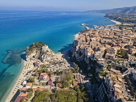 Aerial view of Tropea, Sanctuary of Santa Maria dell'Isola, Calabria. Italy. This seaside resort is located on a cliff in the gulf of Sant'Eufemiaの写真素材
