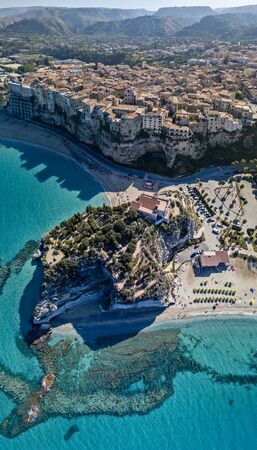 Aerial view of Tropea, Sanctuary of Santa Maria dell'Isola, Calabria. Italy. This seaside resort is located on a cliff in the gulf of Sant'Eufemiaの写真素材
