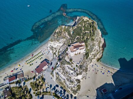 Aerial view of Tropea, Sanctuary of Santa Maria dell'Isola, Calabria. Italy. This seaside resort is located on a cliff in the gulf of Sant'Eufemiaの写真素材