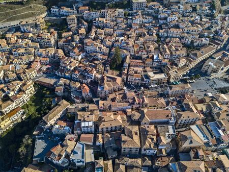 Aerial view of Pizzo Calabro, pier, castle, Calabria, tourism Italy. Panoramic view of the small town of Pizzo Calabro by the sea. Houses on the rock. On the cliff stands the Aragonese castle. Seafrontの写真素材