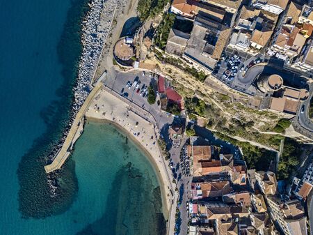 Aerial view of Pizzo Calabro, pier, castle, Calabria, tourism Italy. Panoramic view of the small town of Pizzo Calabro by the sea. Houses on the rock. On the cliff stands the Aragonese castle. Seafrontの写真素材