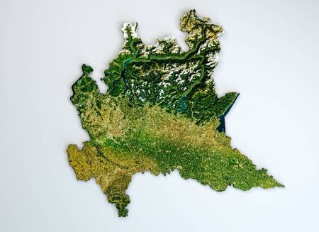Satellite view of the Lombardy region. Italy. 3d render. Physical map of Lombardy, plains, mountains, lakes, mountain range of the Alpsの写真素材