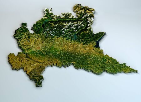 Satellite view of the Lombardy region. Italy. 3d render. Physical map of Lombardy, plains, mountains, lakes, mountain range of the Alpsの写真素材