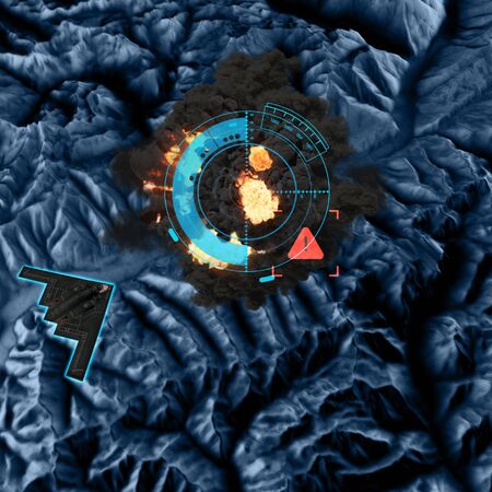 Satellite view of land, war operations, sci-fi, night vision with blue hues. B-2 Spirit bomber in action. Military target. Military operation. Undercover operation. Mountain reliefs, 3d renderの写真素材