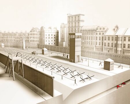 The  Wall was a guarded concrete barrier that physically divided Berlin from 1961 to 1989. The barrier included guard towers, accompanied by a wide area (death strip), militarized. Escape attempt with tunnel.の写真素材