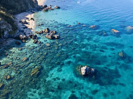 Aerial view of motor boats in Tropea, Calabria, Italyの写真素材