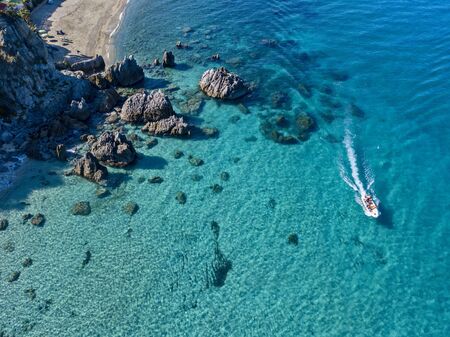 Aerial view of motor boats in Tropea, Calabria, Italyの写真素材