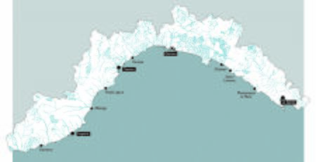 Map of Liguria with rivers, hydrogeological map, main cities and provinces. Genoa, Imperia, Savona, La Spezia. Italyの写真素材