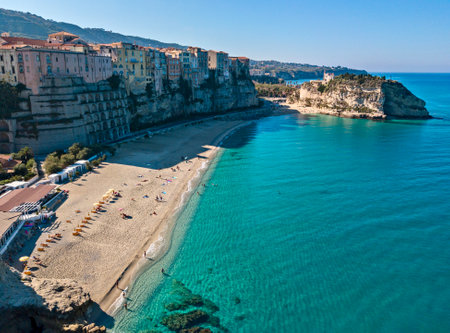 Aerial view of Tropea, Sanctuary of Santa Maria dell'Isola, Calabria. Italy. This seaside resort is located on a cliff in the gulf of Sant'Eufemiaのeditorial素材