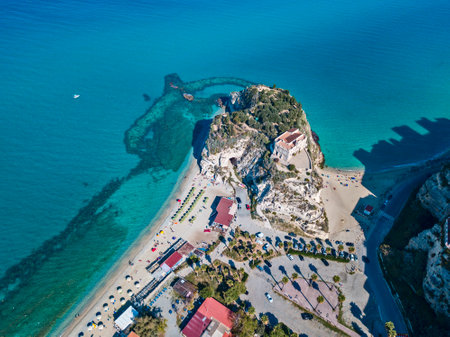 Aerial view of Tropea, Sanctuary of Santa Maria dell'Isola, Calabria. Italy. This seaside resort is located on a cliff in the gulf of Sant'Eufemiaのeditorial素材