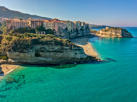 Aerial view of Tropea, Sanctuary of Santa Maria dell'Isola, Calabria. Italy. This seaside resort is located on a cliff in the gulf of Sant'Eufemiaのeditorial素材