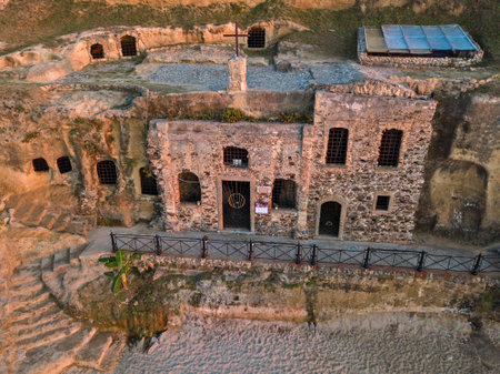 Aerial view of Piedigrotta church, entirely excavated in the rocks, located one kilometer north of Pizzo Calabro, in the "La Madonnella" locality. Calabria. italyのeditorial素材