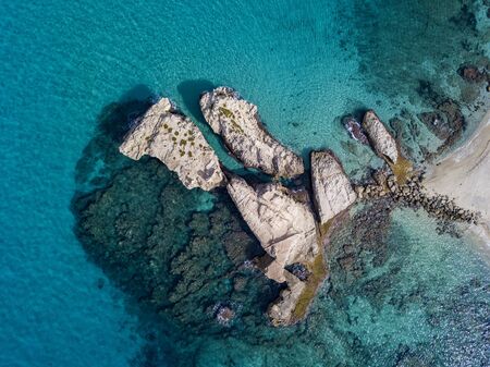 Aerial view of the Riaci rocks, Riaci beach near Tropea, Calabria. Italy. Transparent sea and wild coast.の写真素材