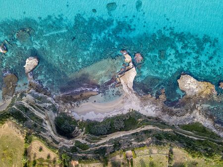 Aerial view of the Riaci promontory. Riaci beach near Tropea, Calabria. Italy. Transparent sea and wild. Cliff pathsの写真素材